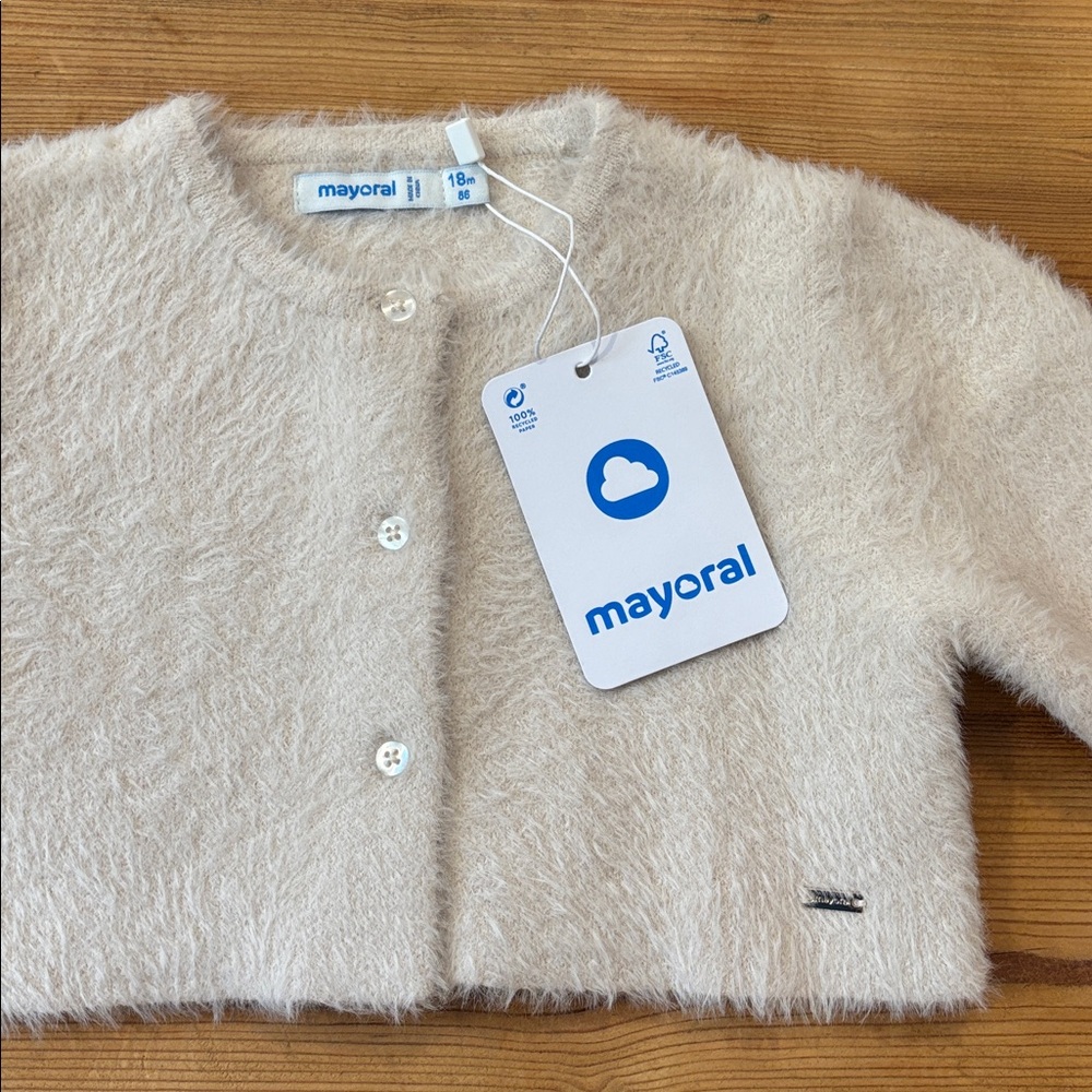 New! MAYORAL 18M Cream Almond Furry Cardigan Sweater Button Up